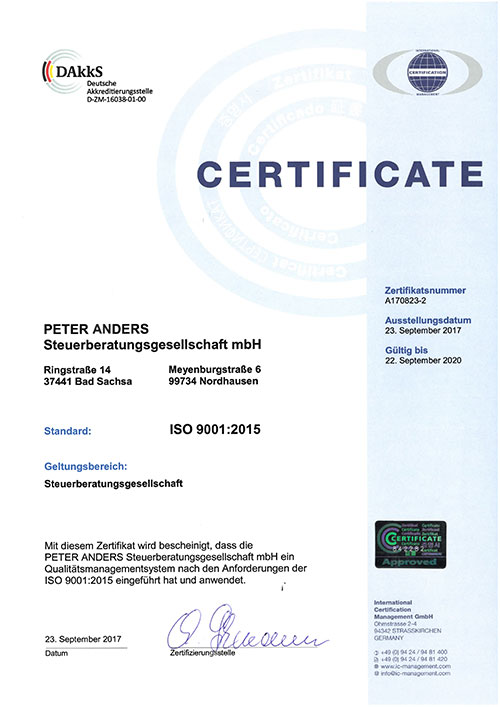 Zertifikat Peter Anders Steuerberatungsgesellschaft mbH ISO 9001:2015